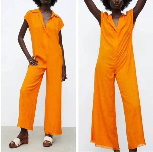 Zara Pants - Zara textured ankle jumpsuit jacquard collared raw hem orange size xs